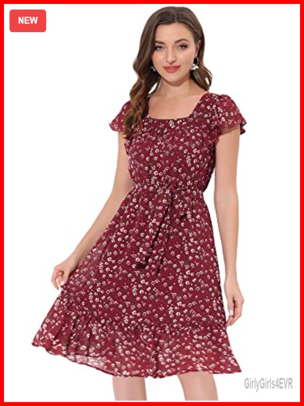 Allegra K Womens Chiffon Floral Midi Dress Flutter Sleeve Ruffled Boho